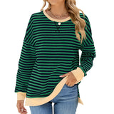 Zingj New 2024 Round Collar Stripe Splicing Split Loose Hoodie Top-Outfit