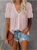 Blouse Women 2022 Fashion Patchwork V Neck Office Work Lady Shirts Plus Size Streetwear Casual Short Sleeve Chiffon