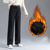 Jeans Women Warm Denim Trousers High Waist Casual Loose Female Denim Pants Thick Velvet Cotton Wide Leg Woman