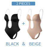 Shapewear Deep V-Neck Body Shaper Backless U Plunge Thong Shapers Waist Trainer Women Clear Strap Padded Push Up