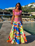 New Stripe Women Two Piece Set Skirt Flying Sleeve Square Collar Top High Waist A-line Long Skirt Fashion Summer