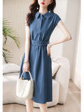 Fan Short Sleeve Polo Collar Shirt Dress 2025 Spring And Summer High-Sunny Bag Hip Tie Mid-Long