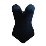 Burgundy Strapless Velvet Sexy Bodysuit Women Sweetheart Bodycon Backless Lace Up Body 2022 V Neck Party