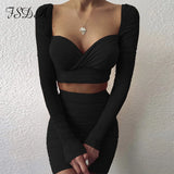 2021 Two Piece Set Long Sleeve Crop Top And Bodycon Mini Skirt Ruched Women Set Autumn Sexy White Club Outfit