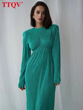 Winter O-Neck Green Women'S Dress Elegant Long Sleeve Bodycon Midi Dresses Female Casual Pleated Dress For New Year