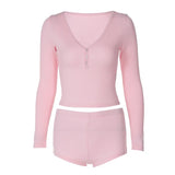 2024 Women's Sexy Low-Breast V-Neck Long-Sleeved Top Sports Style Shorts