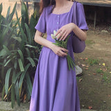 Women Soft Purple Popular Summer Minimalist Female Midi Maxi Retro High Waist Skinny Square Collar Chiffon Pleated