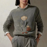 Patchwork Bear Knit Pullover Sweater-Outfit