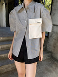 Summer 2022 Womens Fashion Striped Puff Sleeve Short Sleeve Shirt Pocket Blue Korean Fashion Blouse Designer