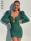 V Neck Long Puff Sleeve Mini Party Dress Women Black Elegant 2021 Autumn Winter Club Bodycon Dresses Green Brown