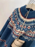 Blue Zipper Jacquard Knitted Cardigan- Outfit