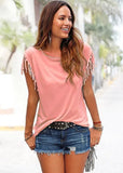 New Summer Solid Sexy Tassel Short Sleeve Women's Tops T Shirt 2021 Fashion Casual O Neck Loose Ladies T Shirt Plus