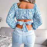 Women T-Shirt Print Color Lantern Sleeve Sexy Beach Style On Holiday Crop Top Chiffon Butterfly OL Female Blouse