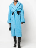 Zingj 2024 New Fashion Hollow Design Sense Kink Waist Show Thin Long Blue Plush Coat