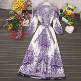2021 Spring Women New V Neck Long Sleeve Print Chiffon Lace-up A-line Dress Casual Waist Slim Vacation Beach