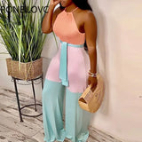 Women Sleeveless Halter Contrast Color with Sashes Jumpsuits Casual Sexy vacation