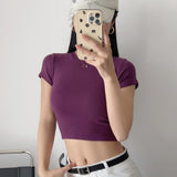 Zingj Trendy Women's Dress Slim And Show Thin Round Neck Short Style Navel Bottomed Blouse Net Version Of Solid Color Short-Sleeved