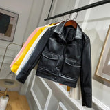 Vintage Biker Leather Jacket Faux Leather Short Design Single Breasted Punk Leather Jacket White Yellow