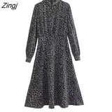 2022 Women Vintage Dots Print High Waist Midi Shirt Dress Female Chic Stand Collar Back Zipper A Line Vestidos
