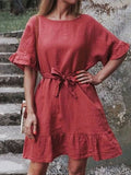 Women Cotton Linen Loose Dresses Spring New Lantern Sleeve Solid Midi Maxi Dress Casual O Neck Belt Waist Shirt