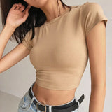 Zingj New Women's Wear Summer Basic Net Round-Collar Short-Sleeved Solid Color Navel Slim Short