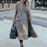 Winter Long Sleeve Jacket Outwear High Street Ladies Loose Pattern Printed Lapel Long Coat Office Fashion Women Woolen