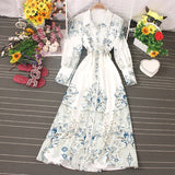 2021 Spring Women New Print Blouses Maxi Dres Chic Streetwear Long dress Robe Long Sleeve Single Breasted A-line