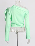 Fashion One-Shoulder Collar Shirt 2025 New Spliced Lotus Leaf Side Flower Design Long-Sleeved Shirt Top
