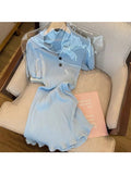Vintage Knit Dresses V-neck Shorts Sleeve Blue Bodycon Mini Dresses Fashion Sexy Slim Elegant Temperament Vestidos
