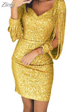 Women Dress Three Quarter Sleeve Rose Gold Sexy Club Dress Ladies V-neck Evening Mini Party Dresses Vestidos