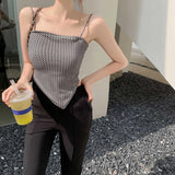 Women Summer Thin Plaid Vintage Irregular Bellyband Cropped Basic Tops Slim Sexy All-match Cool Stretchy Casual