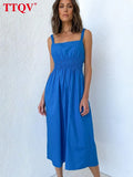 Women Square Collar Blue Summer Dress 2022 Fashion Slim High Waist Midi Dresses Bodycon Sleeveless A-Line Female