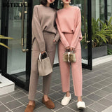 2021 Winter Casual Thick Sweater Tracksuits O-neck Jumpers & Elastic Waist Pants Suit Female Knitted 2 Pieces