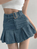 Buckle Belt Pleated Denim Mini Skirt- Outfit
