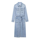 Summer New Temperament Lapel Long Sleeves Do Old Jeans Belt Dress Female