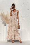 Queens Women Leopard Print Sleeveless Beach Bohemian Maxi Dress Ladies V-neck Belt Boho Sundress