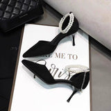 Fairy Wind And Black Beautiful Pearl Strap High Heels Sexy Shallow Velvet Single