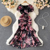Retro Minority Design Rope Printing V-Collar Jumpsuit Skirt Summer Women's Dress Waist Hip Fishtail Skirt