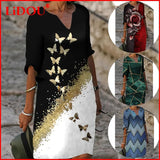 Summer Y2K Vintage V Neck Sundress Women Butterfly Print Midi Dresses Half Sleeve Casual Robe Beach Party Vestido De
