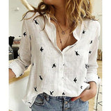 Elegant Oversized Tops Casual Long Sleeve Birds Print Cotton and Linen Loose Blouse Office Lady Button Lapel