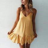 Spaghetti Strap Ruffle Dress Women Summer Dress Cotton Linen Vestidos Green Dresses Off Shoulder Sexy Mini
