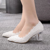 Cm Shallow Crystal Transparent Coarse Single Shoes White Lace Pointed Large Size Wedding Shoes Bridesmaid Party