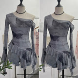 Tie Tie Net Yarn Oblique Shoulder Babes Sexy Body-On-Sleeve Horn Irregular Top