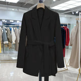 New Elegant Female Beige Black Long Sleeve Blazer Office Lady Turn-down Collar Sash Tie Up Blazer with