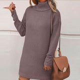 Women Straight Knitted Dresses Fashion Autumn Winter Loose Party Sweater Dresses Chic Long Sleeve High Collar Mini