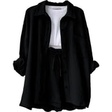 Women's Wrinkle Collar Long-Sleeved Shirt High-Waisted Rope Shorts Fashion Casual Two-Piece