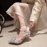 Temperament Pointed Bow Pearl Word With Silver High Heels Fine Heel Adult Lilies Hollow Lolita