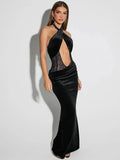 Black Cut Out Halter Velvet Maxi Dress- Outfit