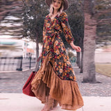 Queens Women Floral Print Long Sleeve Irregular Hem Beach Bohemian Maxi Dress Ladies Boho Sundress Robe Vestidos 211-1-Outfit