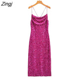 Women High Street Spagheeti Strap Sequined Split Midi Dress Female Backless Zipper Lace Up Party Sling Vestidos